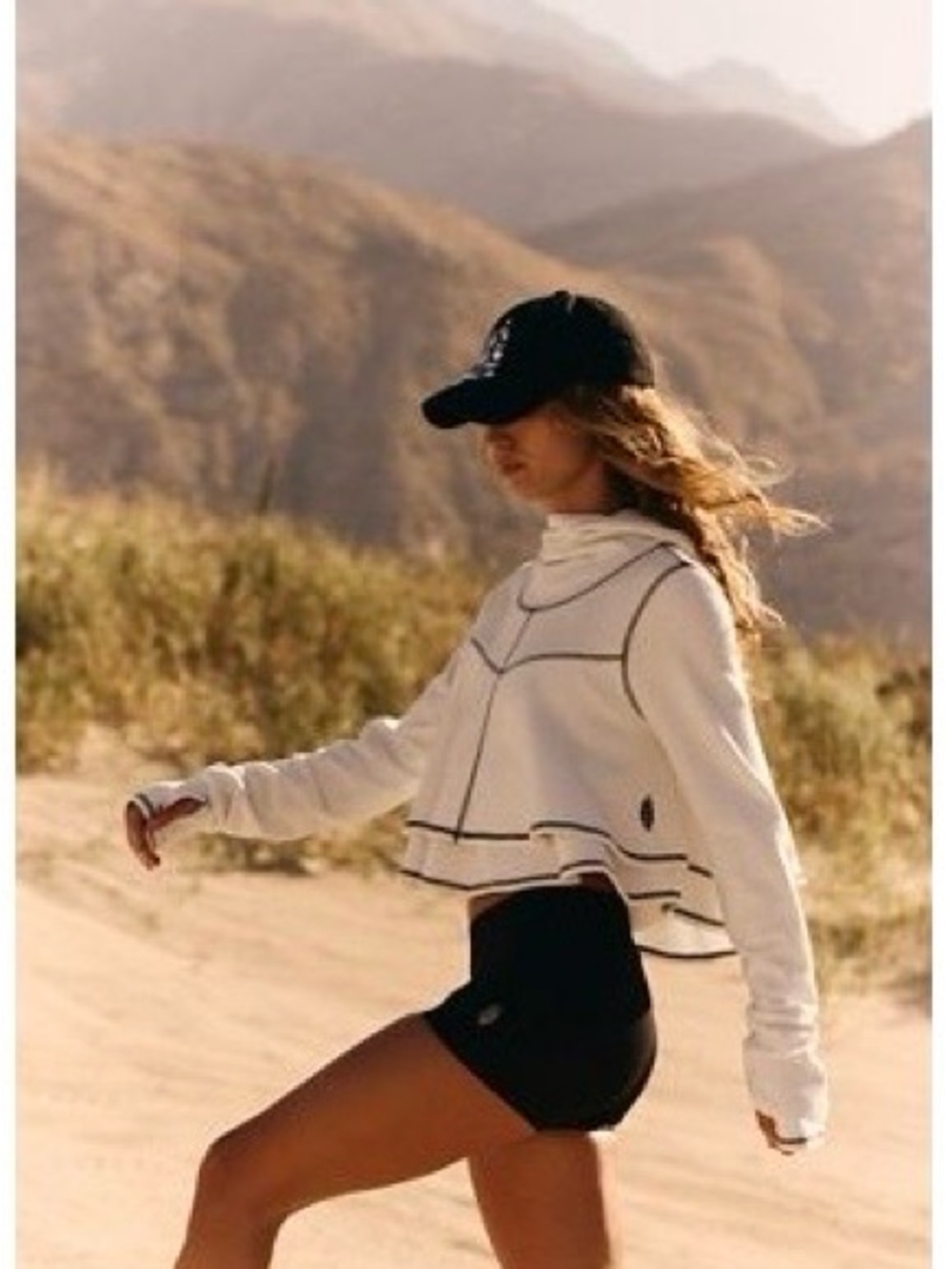 FP Movement Crop White Pullover Layered Hoodie with Black Trim